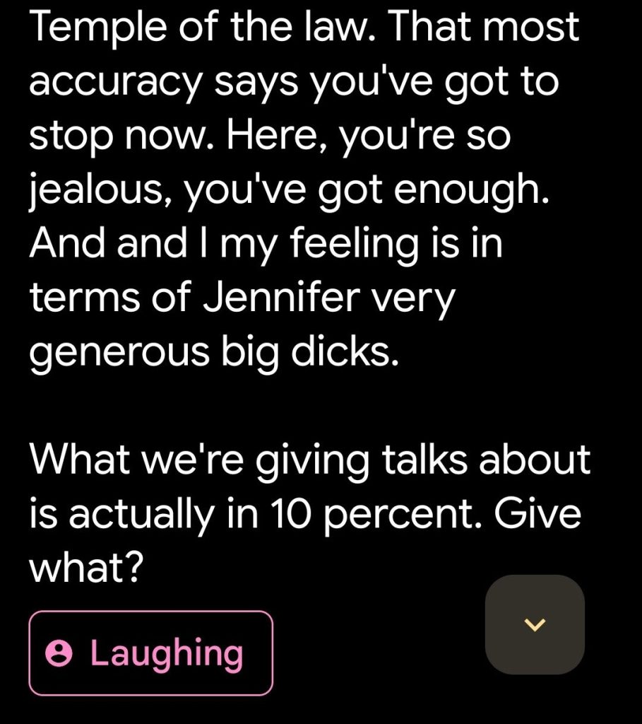 A screenshot of Google Live Translate that reads: Temple of the law. That most accuracy says you've got to stop now. Here, you're so jealous, you've got enough. And and I my feeling is in terms of Jennifer very generous big dicks.  What we're giving talks about is actually in 10 percent. Give what? 
Laughing