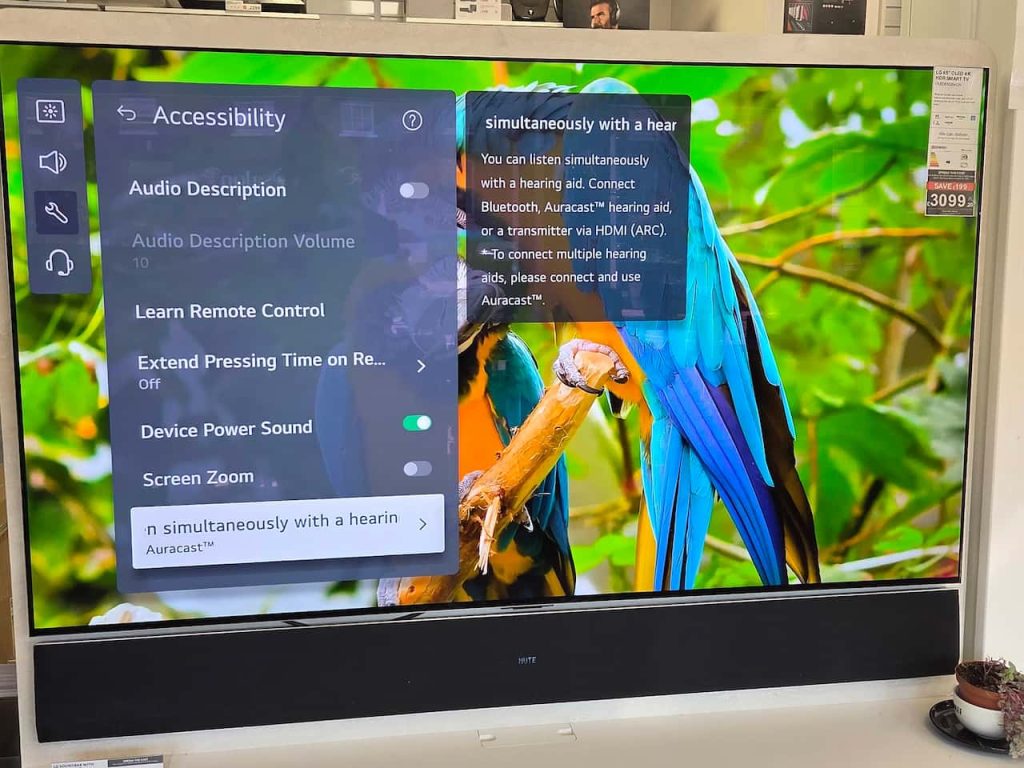 The Accessibility menu on the LG 2025 TV range includes details of how to turn the television into an Auracaster