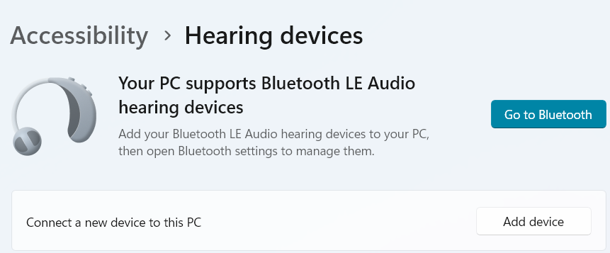 A screengrab from a Windows 11 computer showing that it has Bluetooth LE Audio codecs that enable it to transmit sound directly to hearing aids