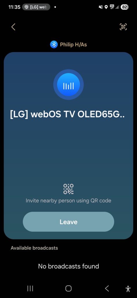 An Auracast Assistant showing that an Auracast is being picked up by a device with the Bluetooth technology enabled