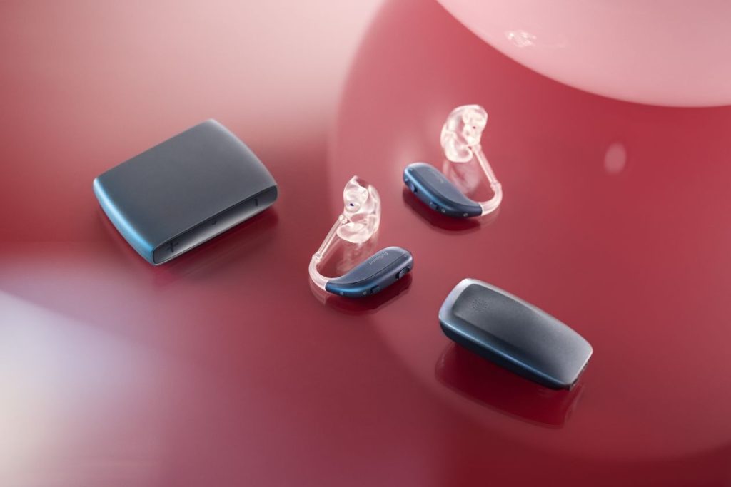 The Enzo IA hearing aids with accessories the TV Streamer + and the MultiMic+ 