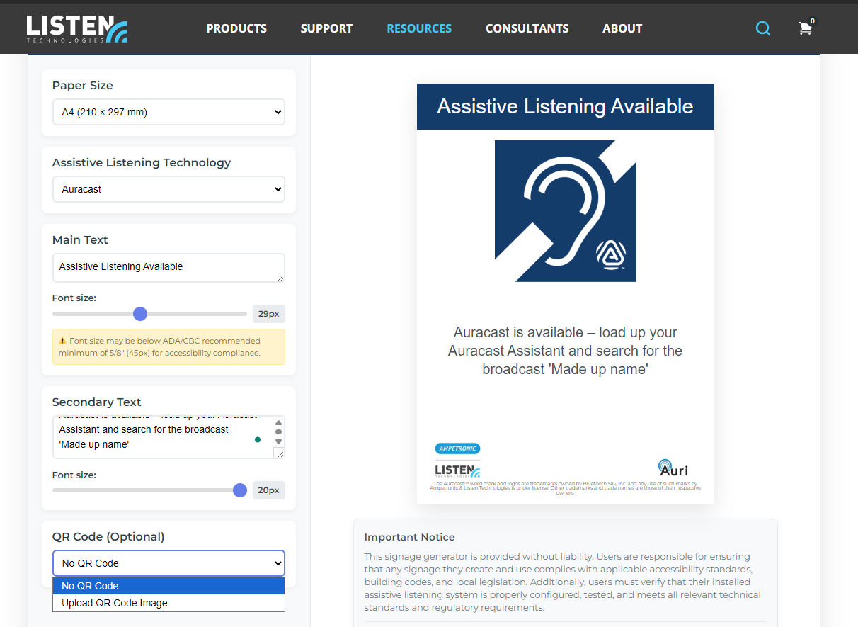 Listen Technologies has created an Assistive Listening sign generator that includes Auracast as an option