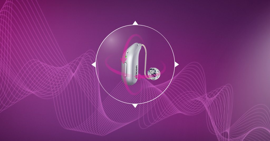 The Oticon Intent miniBTE R against a purple background