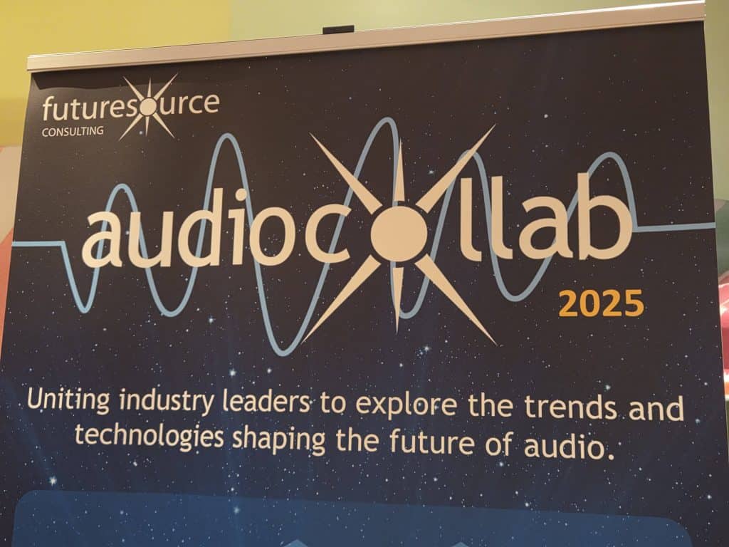 The Futuresource AudioCollab logo on a sign