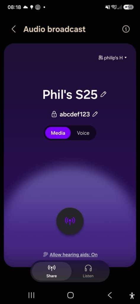 The Audio Sharing screen from the Samsung One UI 8.5 beta