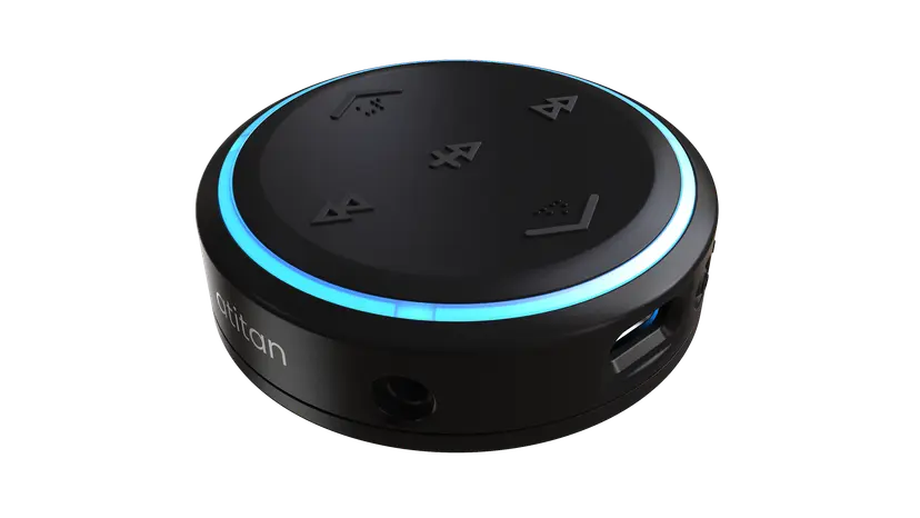 The Atitan SplitR is like an ice hockey puck. This example is black with a blue LED ring around the top