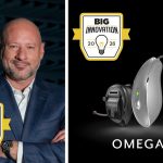 Starkey president Brandon Sawalich and the Omega AI hearing aids against a black background with the BIG INNOVATION award logo