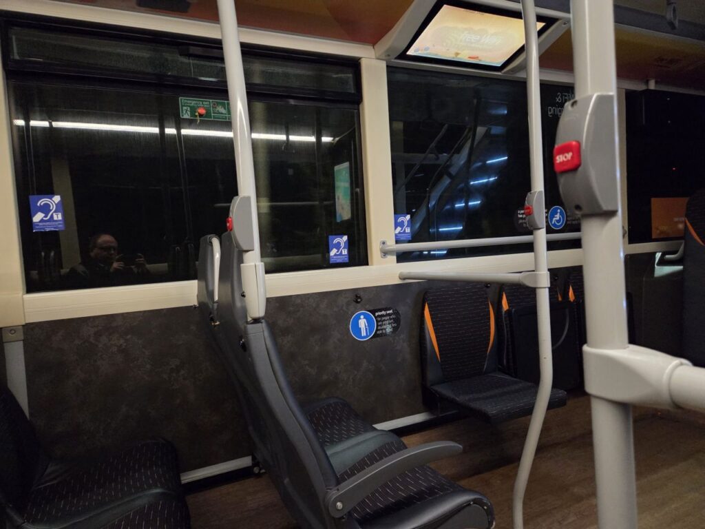 The interior of a Reading Bus showing the accessible seats
