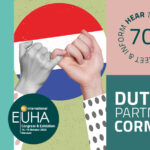 A promotional graphic for the 70th International EUHA Congress and Exhibition featuring a central image of two hands performing a pinky swear against the red, white, and blue background of the Dutch flag. The graphic includes text for the EUHA Live-Area and the Dutch Partner Corner, alongside the event details for 14 to 16 October 2026 in Hanover