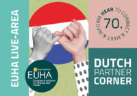 A promotional graphic for the 70th International EUHA Congress and Exhibition featuring a central image of two hands performing a pinky swear against the red, white, and blue background of the Dutch flag. The graphic includes text for the EUHA Live-Area and the Dutch Partner Corner, alongside the event details for 14 to 16 October 2026 in Hanover