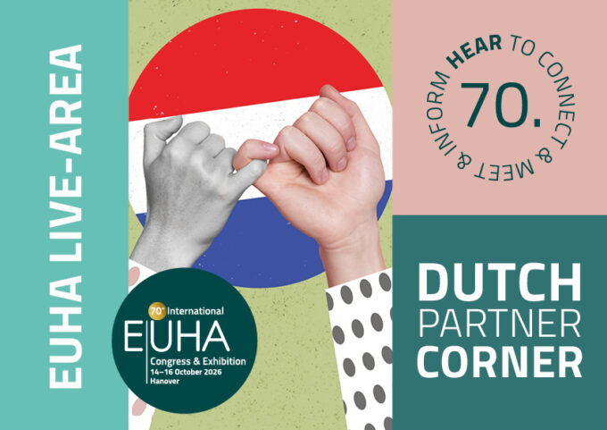 A promotional graphic for the 70th International EUHA Congress and Exhibition featuring a central image of two hands performing a pinky swear against the red, white, and blue background of the Dutch flag. The graphic includes text for the EUHA Live-Area and the Dutch Partner Corner, alongside the event details for 14 to 16 October 2026 in Hanover
