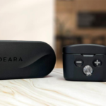 Audeara's Auracast-enabled product suite shown from left to right: Audio Broadcaster, Audeara Buds, Audio Transceiver, and Lapel Microphone