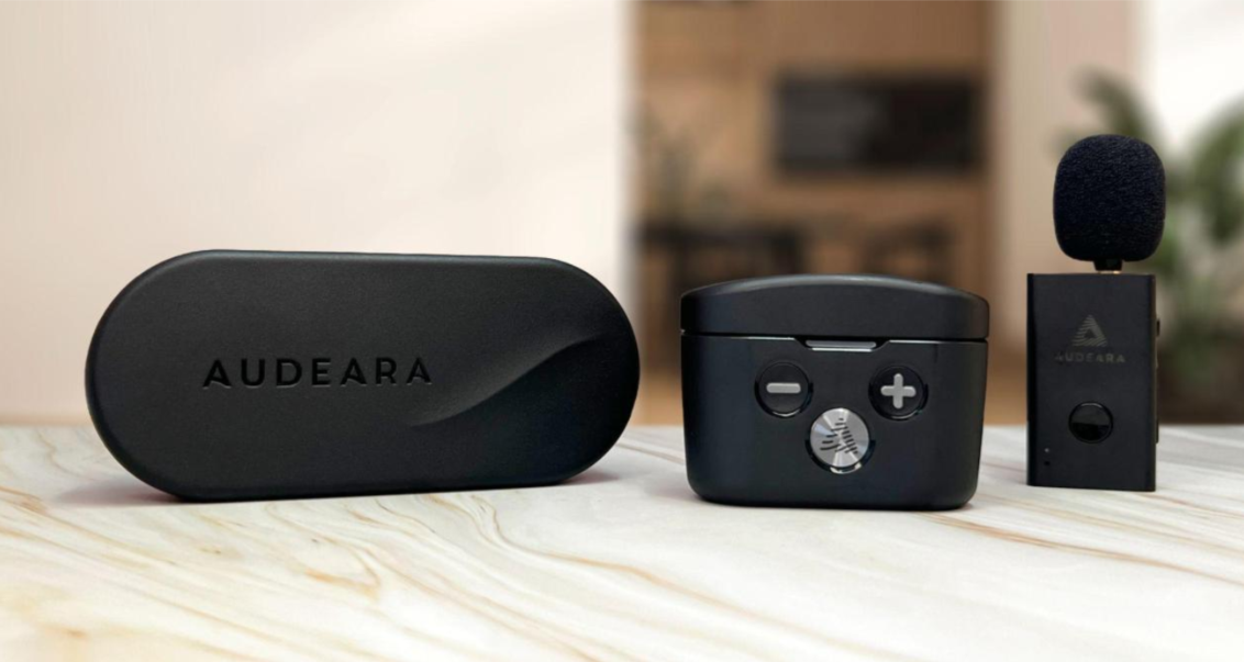 Audeara's Auracast-enabled product suite shown from left to right: Audio Broadcaster, Audeara Buds, Audio Transceiver, and Lapel Microphone
