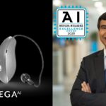 Starkey awardA composite image featuring the Starkey Omega AI hearing aid on the left against a black background and Starkey Chief Technology Officer Achin Bhowmik on the right in a professional office setting. Both sides feature the 2026 Artificial Intelligence Excellence Award logo