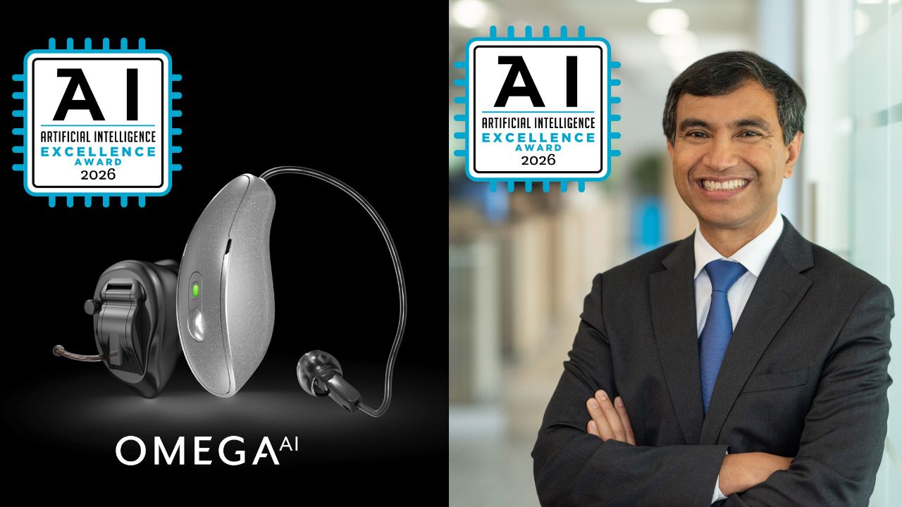 Starkey awardA composite image featuring the Starkey Omega AI hearing aid on the left against a black background and Starkey Chief Technology Officer Achin Bhowmik on the right in a professional office setting. Both sides feature the 2026 Artificial Intelligence Excellence Award logo