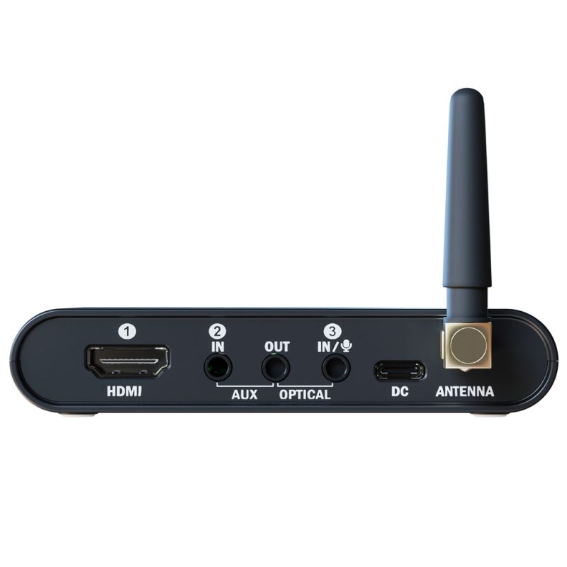 The rear of the EarisMAX transmitter showing the various input and output ports