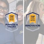 A split-screen graphic showcasing Starkey employees and workplace award badges. On the left, two smiling employees stand behind badges for professional development and purpose and values. On the right, a woman works near a Starkey banner behind badges for innovation and leadership. All badges are labeled Top Workplaces Mar 2026