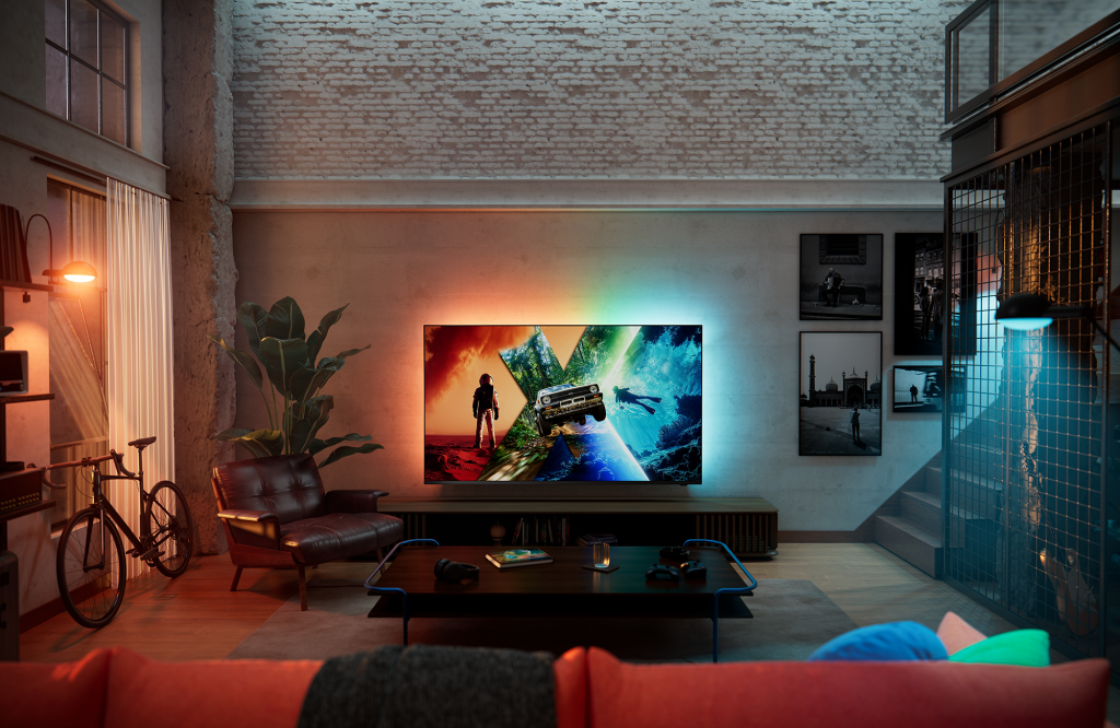 The Philips MLED981 with Ambilight pictured in a lounge