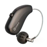 A studio product photograph of a dark grey or charcoal Widex Allure receiver-in-canal (RIC) hearing aid isolated on a clean white background. The main body of the instrument features a sleek, ergonomic curved design with a small control button near the top and the white Widex company logo printed clearly along the lower side. A thin, transparent acoustic wire curves away from the main casing, leading down to a dark grey dome earbud component designed to sit securely inside the ear canal.