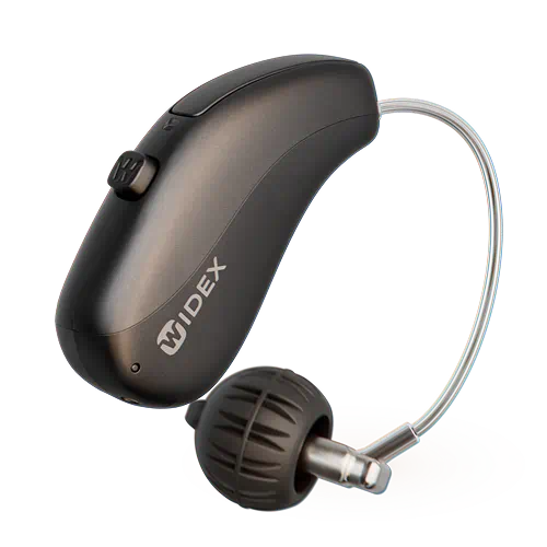 A studio product photograph of a dark grey or charcoal Widex Allure receiver-in-canal (RIC) hearing aid isolated on a clean white background. The main body of the instrument features a sleek, ergonomic curved design with a small control button near the top and the white Widex company logo printed clearly along the lower side. A thin, transparent acoustic wire curves away from the main casing, leading down to a dark grey dome earbud component designed to sit securely inside the ear canal.
