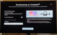 The main Broadcasting on Auracast setup screen on an LG television. The menu options include Authentication Code Settings and an Audio Quality dropdown menu set to Medium 24kHz. A prominent blue button at the bottom reads Start Broadcasting.