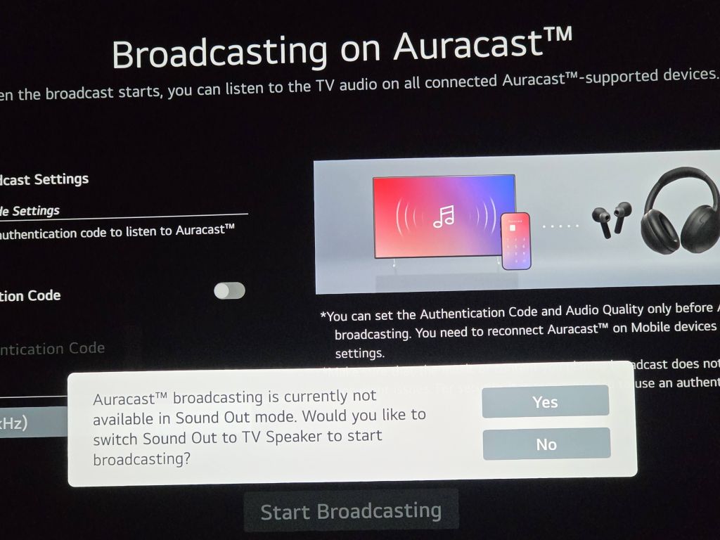 A close-up view of the white notification window on the television. The crisp text reads Auracast broadcasting is currently not available in Sound Out mode. Would you like to switch Sound Out to TV Speaker to start broadcasting? followed by Yes and No buttons.