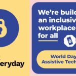Alt text: A promotional graphic for World Day for Assistive Technology split into two main sections. The left side has a yellow background featuring a blue circle with a yellow open padlock symbol inside, above the black text "Unlock The Everyday", where the letter O is also replaced by a small padlock icon. The right side features a blue rounded square on a light pink background. Inside the blue square, white text reads "We’re building an inclusive workplace for all" accompanied by a small arrow, a stylized office building icon, and a smartphone icon displaying the padlock symbol. Below this, a yellow oval contains the blue text "World Day for Assistive Technology"