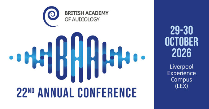 A promotional banner for the British Academy of Audiology 22nd Annual Conference. The left side has a white background with the spiral logo and text for British Academy of Audiology at the top. The letters BAA are integrated into a blue stylized soundwave graphic above the text "22nd Annual Conference". The right side features a dark blue vertical panel with text displaying the event details: 29–30 October 2026 at the Liverpool Experience Campus (LEX).