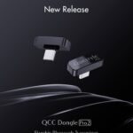 A promotional poster on a dark background showing two compact black USB-C Bluetooth transmitters floating above a glossy black surface. White text reads "New Release" at the top and "QCC Dongle Pro2 - Flagship Bluetooth Transmitter" at the bottom. One dongle shows the silver USB-C connector, while the other shows the Questyle Pro2 logo on its top face.
