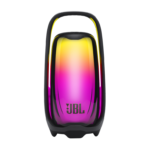 Black JBL Pulse 6 portable speaker with an illuminated handle, glowing with a pink, purple, and yellow 360-degree light show against a black background.