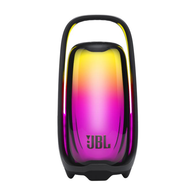 Black JBL Pulse 6 portable speaker with an illuminated handle, glowing with a pink, purple, and yellow 360-degree light show against a black background.