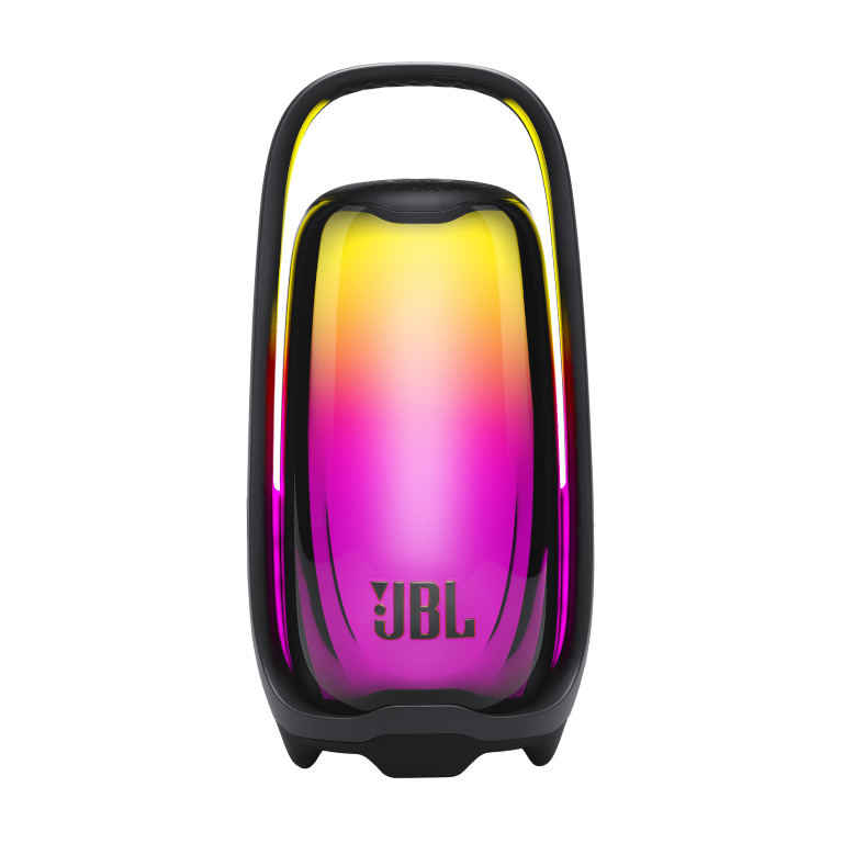 Black JBL Pulse 6 portable speaker with an illuminated handle, glowing with a pink, purple, and yellow 360-degree light show against a black background.