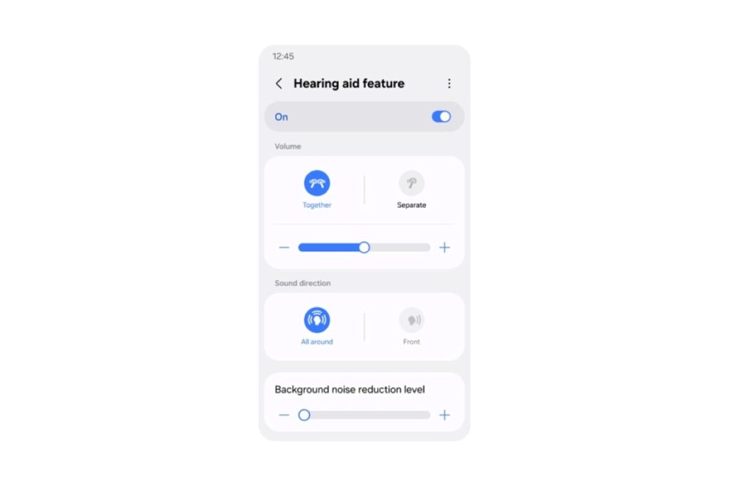 Mobile app interface for Samsung Galaxy Buds hearing aid settings showing volume controls, sound direction options, and background noise reduction adjustments