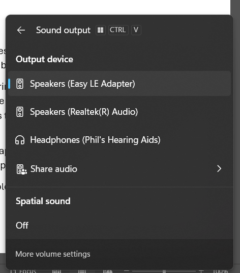 A screenshot of a Windows 11 machine's audio outputs 